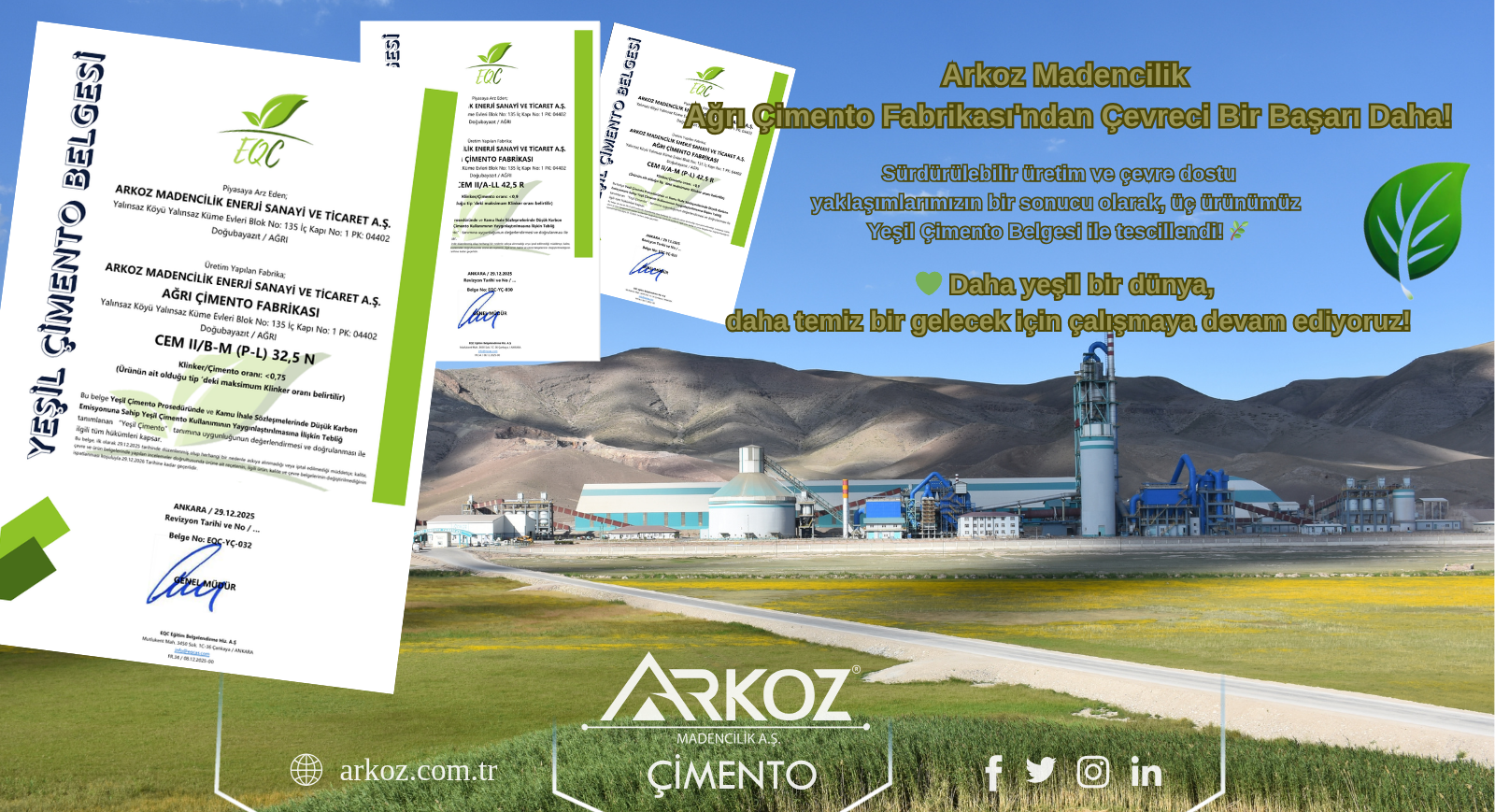 Arkoz Madencilik Ağrı Çimento Fabrikası’ndan Çevreci Bir Başarı Daha!